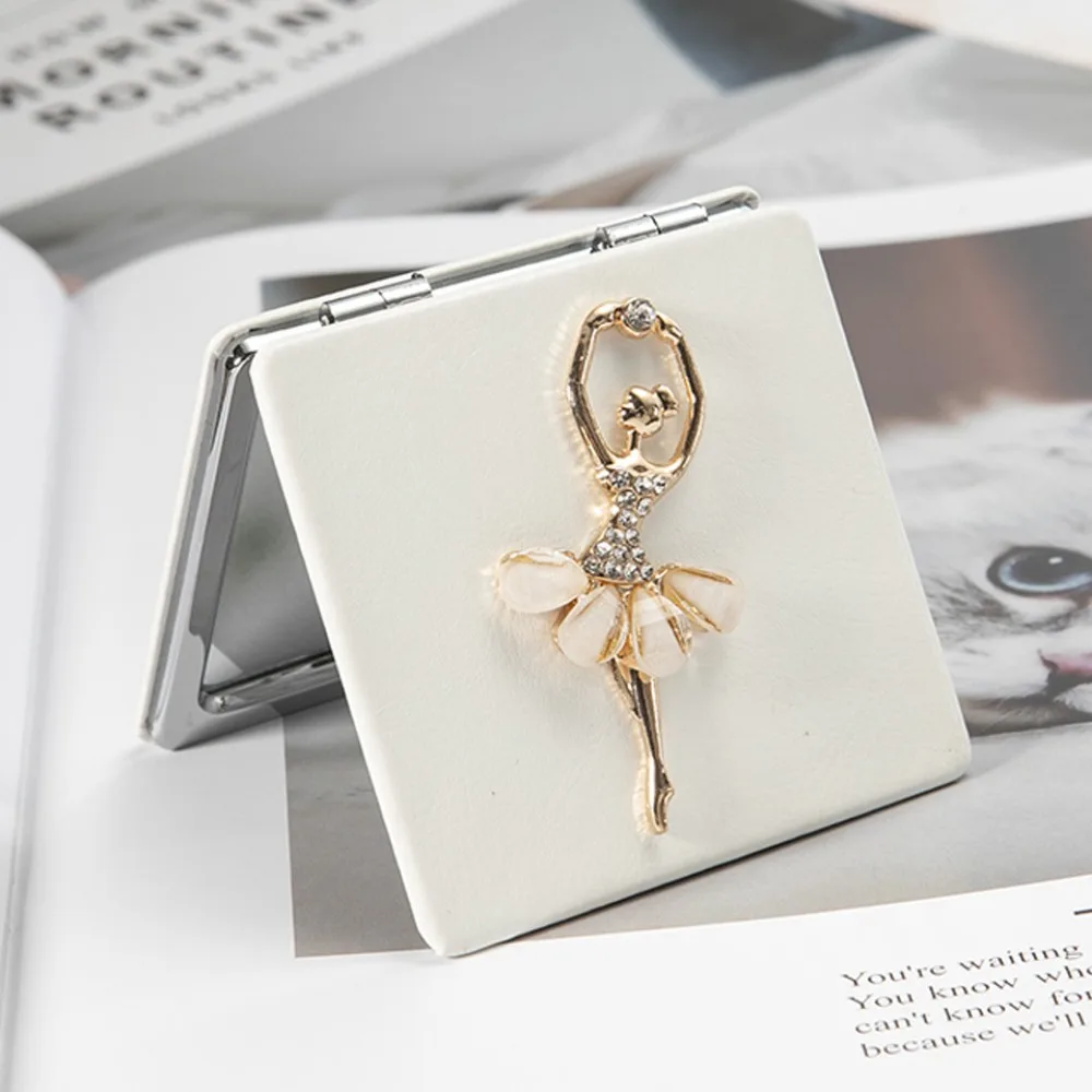 New Ballet Girl Design Makeup Mirror Metal Frame PU Leather Portable Mirror Magnified Double-sided Pocket Mirror