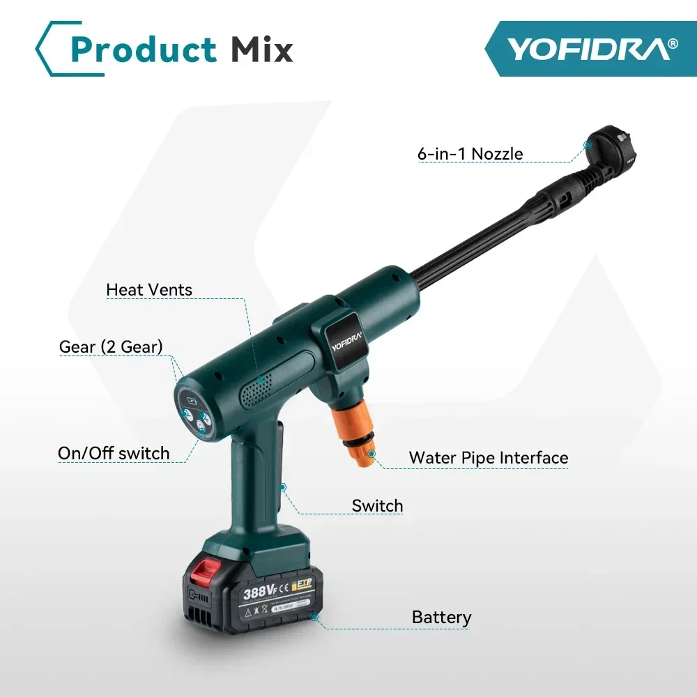 Yofidra 200bar 3500w lavadora de alta pressão elétrica sem escova 6-em-1 pistola de água de jardim para lavagem de carro para makita 18v bateria