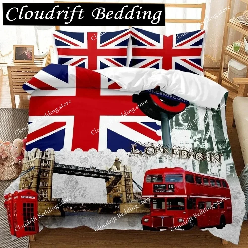 UK London Style King Queen Duvet Cover British Elements Bedding Set for Teens Adults London Bridge Big Ben Polyester Quilt Cover