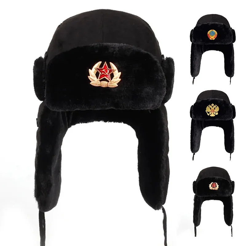 Sowjetisches Militärabzeichen Russland Bombermütze Piloten-Trappermütze Wintermütze mit Kunstkaninchenfell-Ohrenklappe Schneemütze