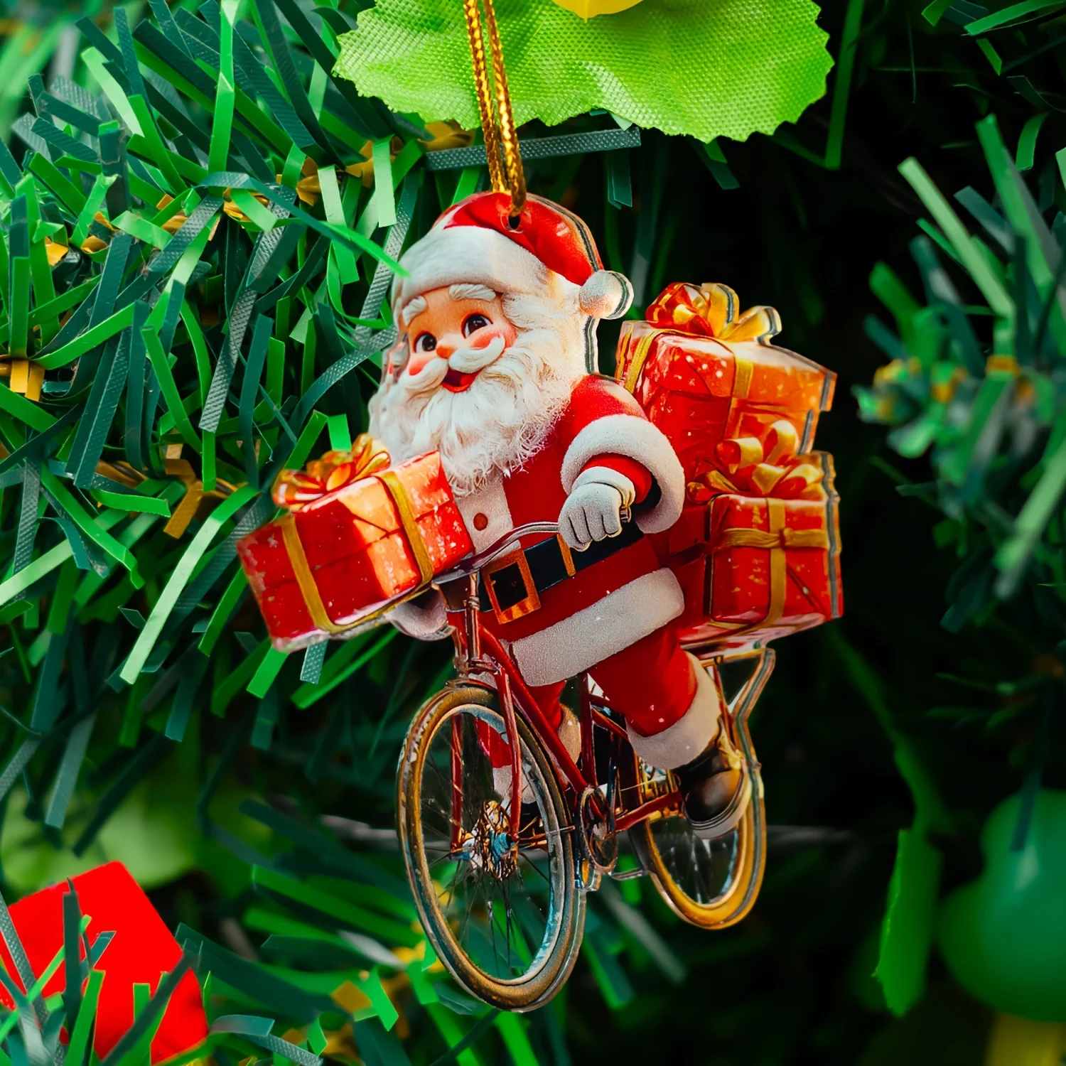 Santa Claus bicycle ornament, art style acrylic decoration, holiday themed pendant, suitable for cars, keychains