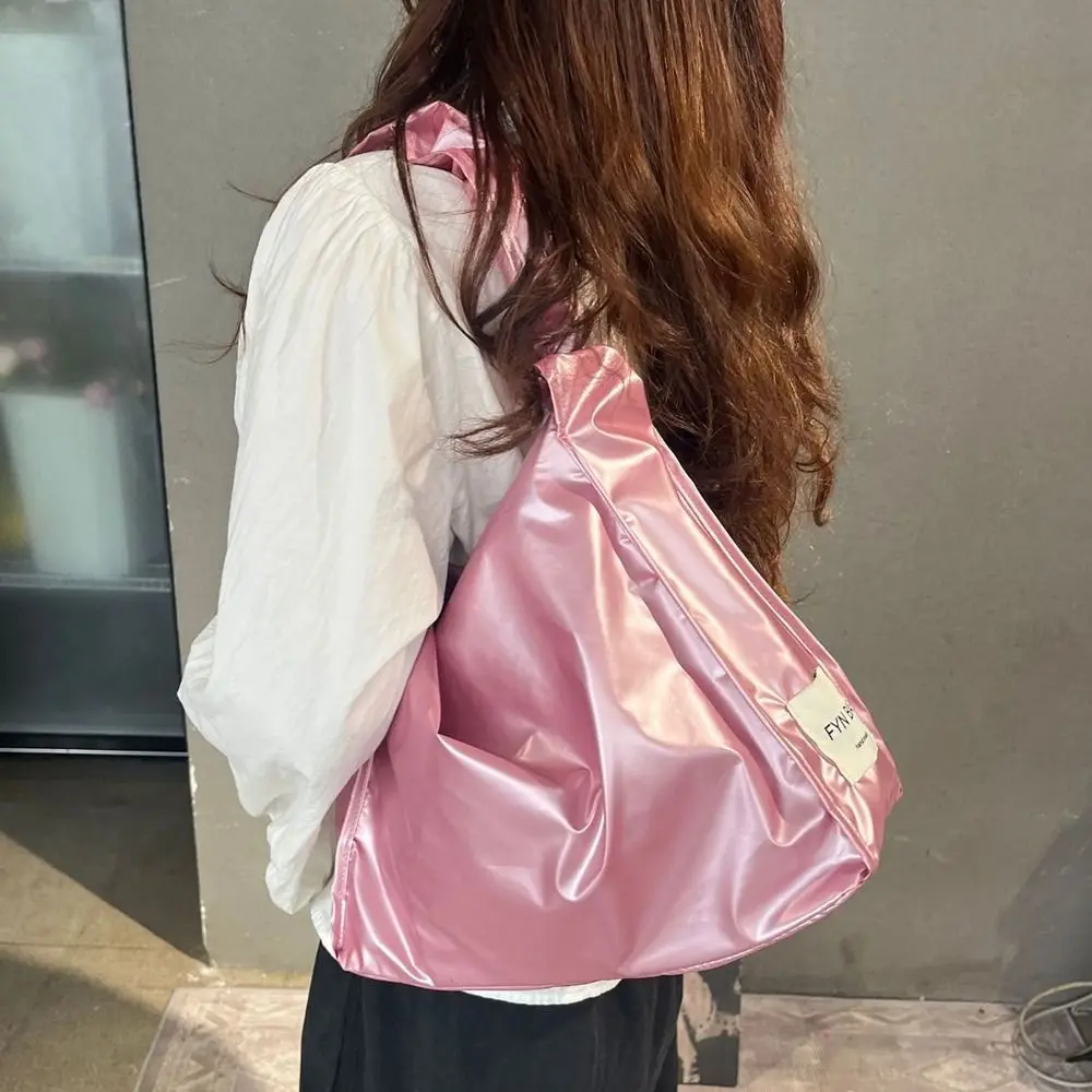 

Korean Style Pleated Nylon Shoulder Bag Handbag Large Capacity Drawstring Bag Lightweight Solid Color Tote Bag Student