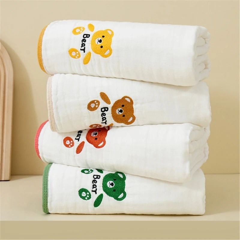 1pc Embroidery Bear Baby Bath Towel Cotton Gauze Muslin Newborn Boys Girls Face Towel Swaddle Blanket Wrap Baby Stroller Cover