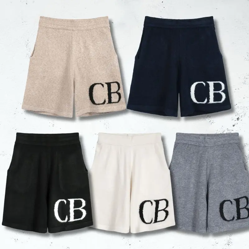 

American Trend Casual Loose Woolen Jacquard Letter Print CB Shorts Men Women Elastic Waist Drawstring Knitt Pants Streetwear