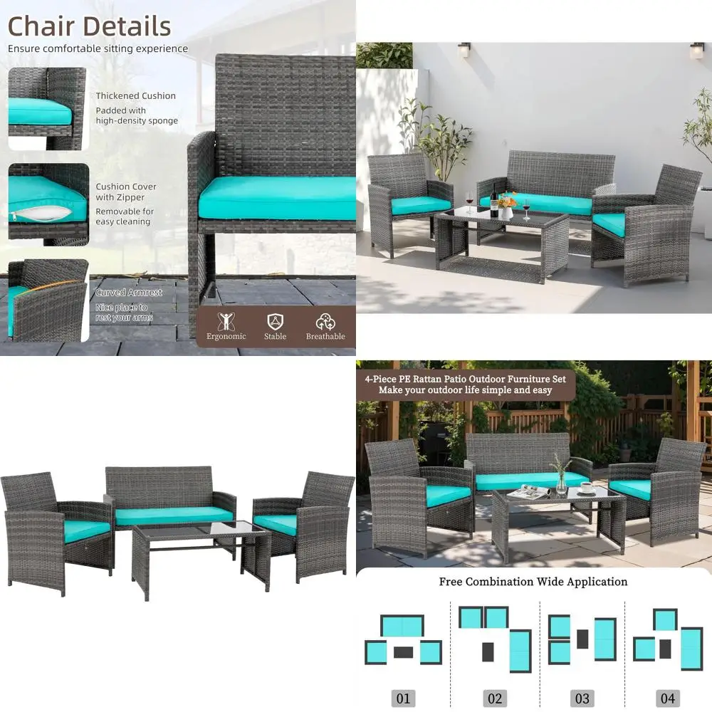 

Комплект садовой плетеной мебели из 4 предметов с подушками и столешницей из синего закаленного стекла