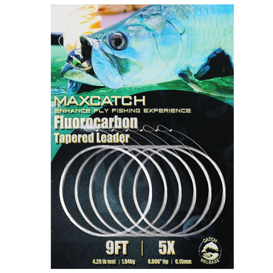 

MAXIMUMCATCH Pro Флюороуглеродная леска для рыбалки, 9 футов, коническая 0X-7X с петлями, кристально прозрачная леска для ловли нахлыстом