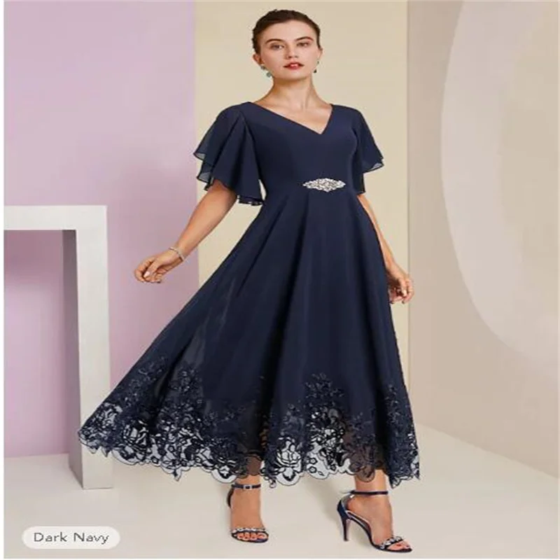 A-Line Mother of the Bride Dress Dark Navy Floor Evening Dress V Neck Tea Length Chiffon Lace Dress for Mom Groom with Appliques