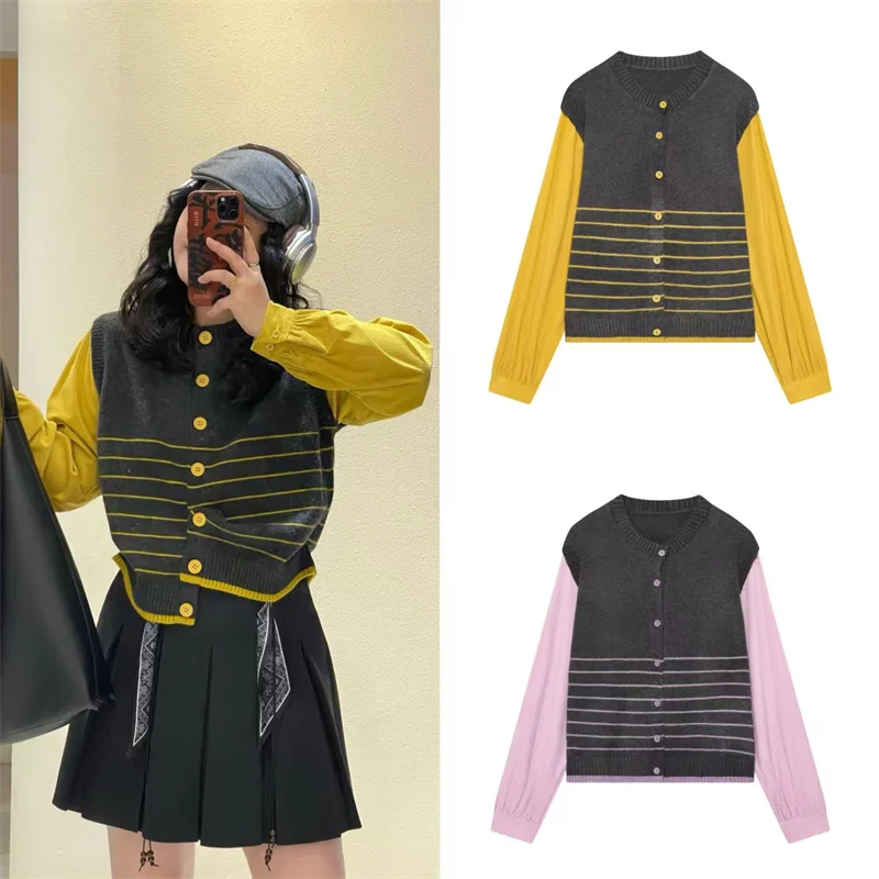 

Женская куртка 2026: Новинка весны, модный кардиган с цветными блоками, длинными рукавами, имитация двухслойного трикотажа, повседневный, универсальный