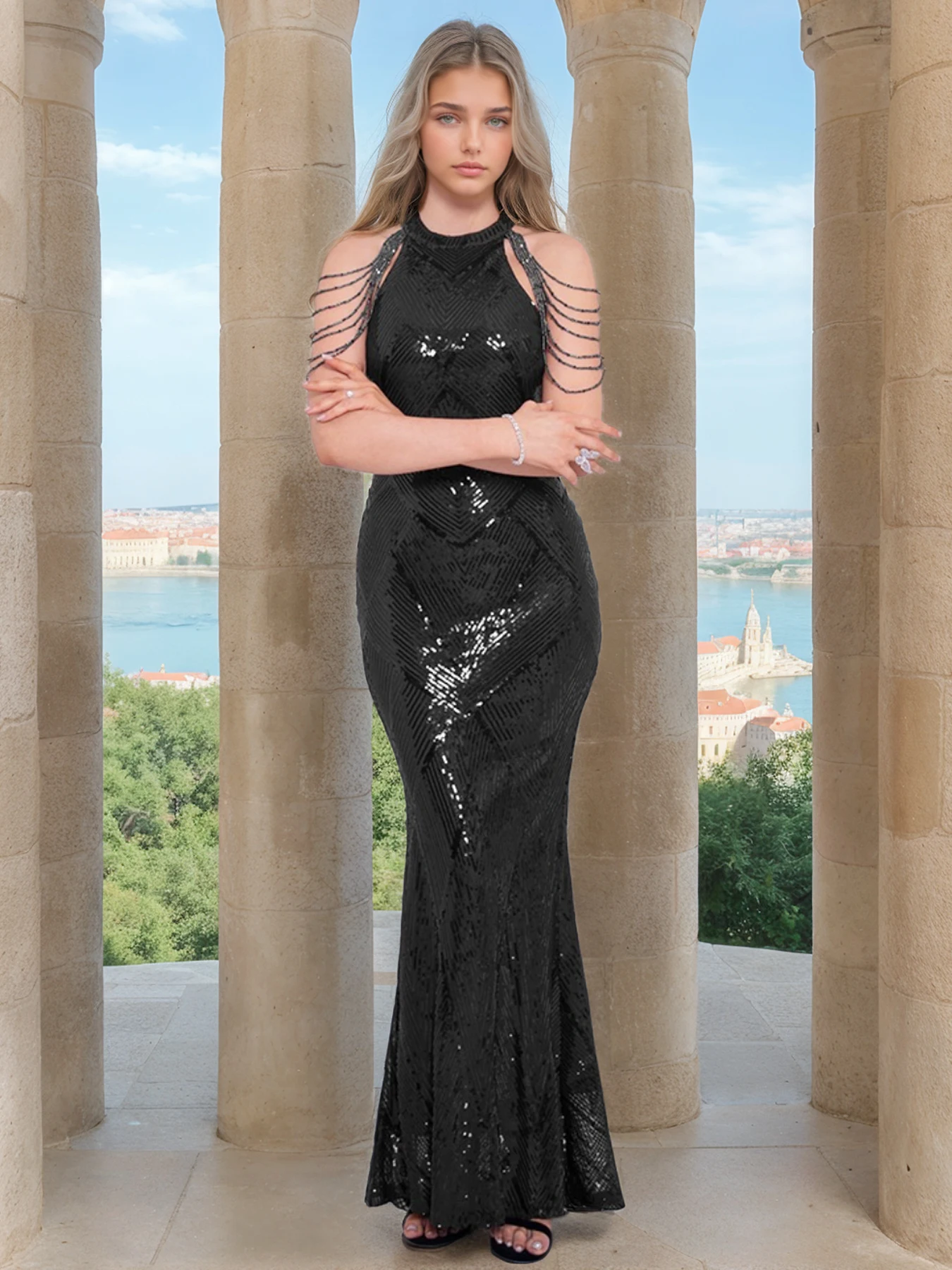 Off Shoulder O Neck Beading Evening Party Dress Geometric Sequined Sleeveless Elegant Bodycon Women Prom Dresses Floor Length