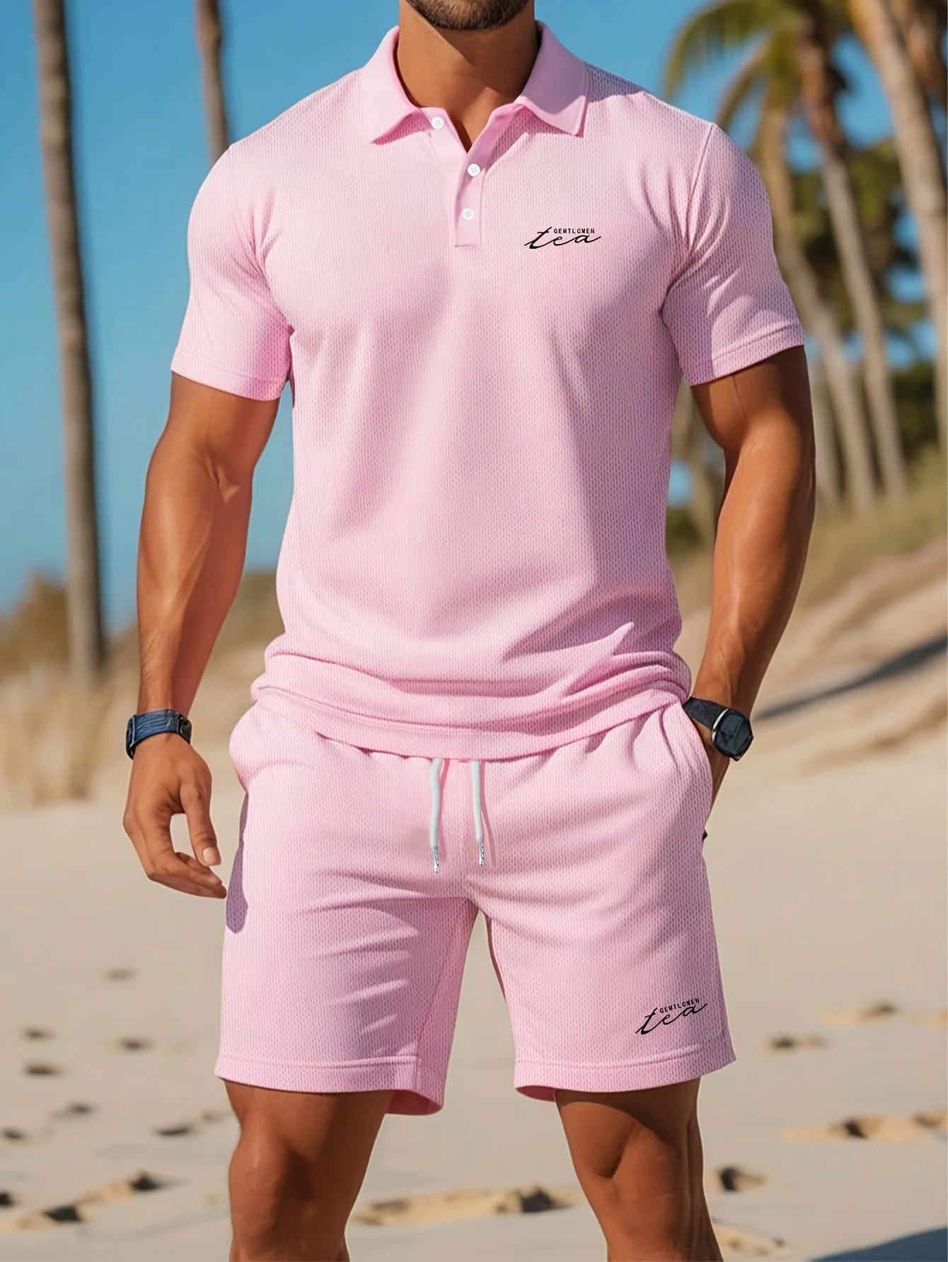 

Solid Color Pink Mesh Fabric Men's 2PCS Casual Suit Letter Printed Lapel Top and Drawstring Belt Shorts Summer Vacation Set