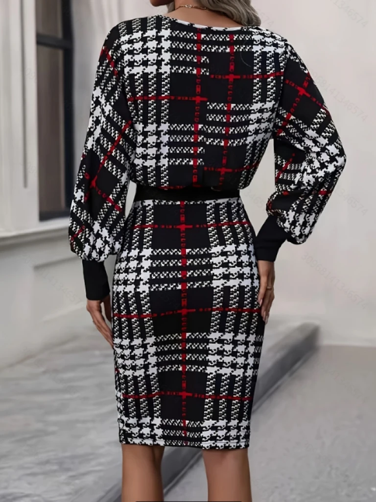 Fashion Women's Autumn/Winter Houndstooth Plaid Waist-Cinching Dress, Lantern Sleeve Round Neck Bodycon Midi Dress