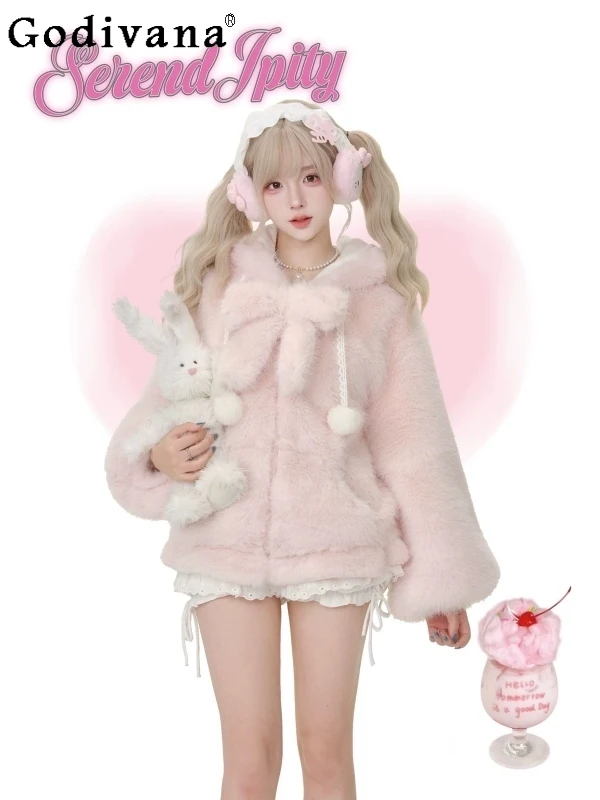 

Осень-зима 2024, новое милое пушистое пальто с утолщенным бантом, розовое свободное универсальное пальто для милых девочек для женщин