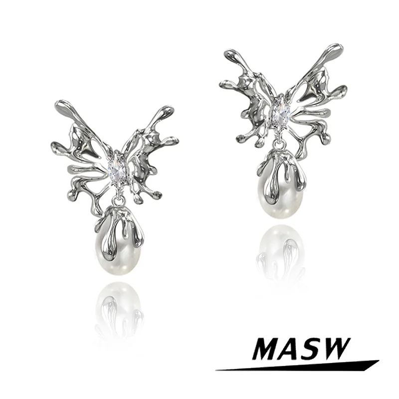 

MASW Original Design Luxury Temperament High Quality Brass Simulated Pearl Butterfly Earrings For Women Girl Gift Jewelry