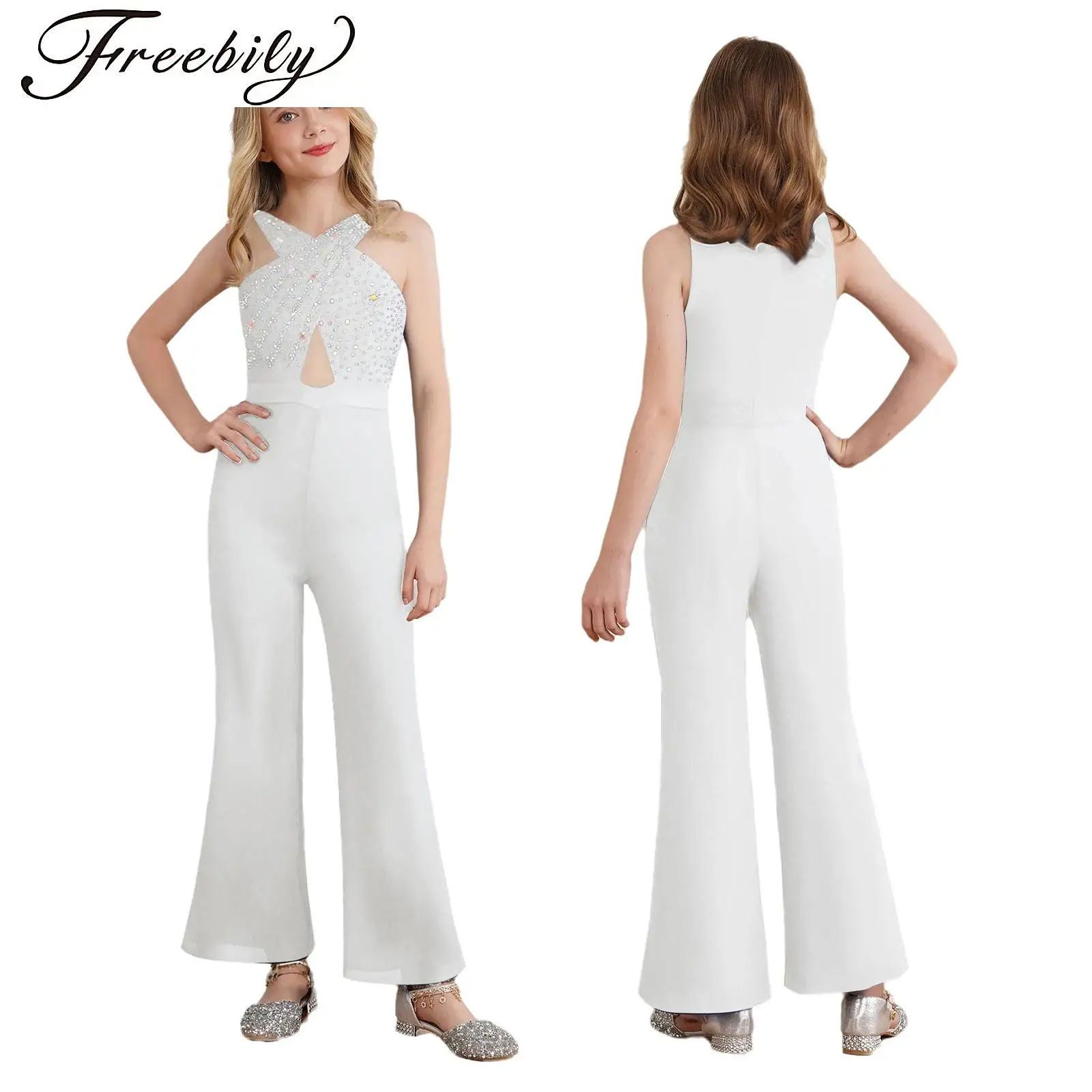 

Girls Rhinestone Pageant Jumpsuit Hollow Out Sleeveless Chiffon Bell Bottom One Piece Jumpsuit Banquet Wedding Party Rompers