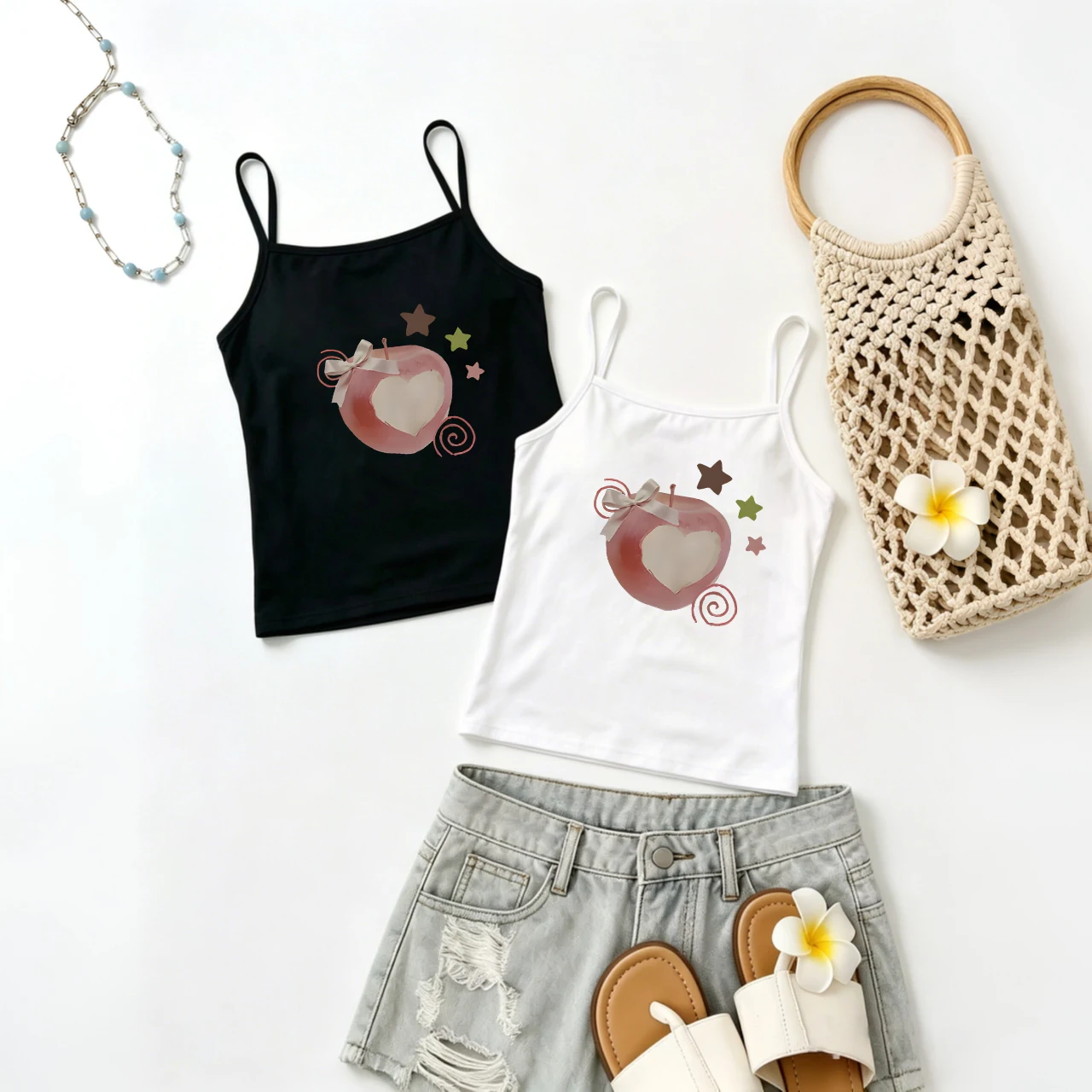 Trendy Peach Bow Graphic Cami Top Sweet Ribbon Camisole Spaghetti Strap Sleeveless Summer Fruit Tank for Women