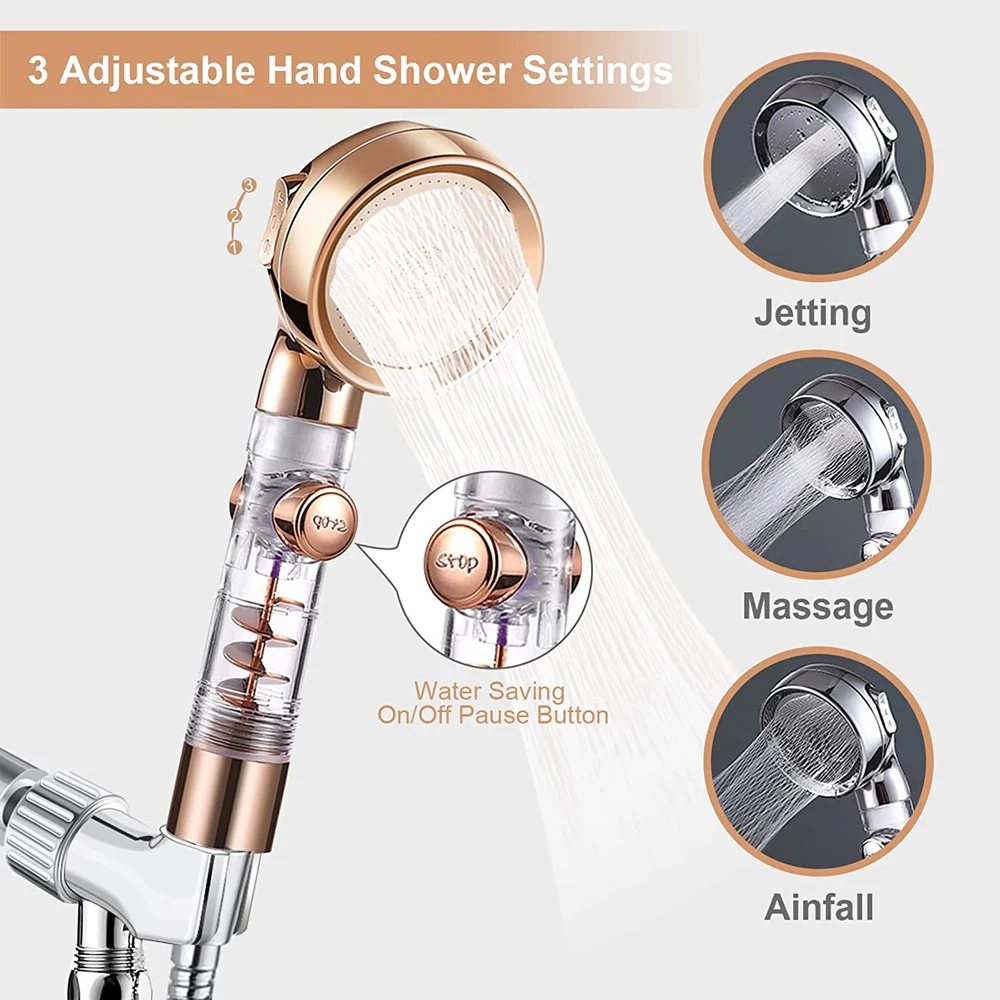 Handheld Turbocharged Pressure Shower Head 3 Modes Propeller Turbo ShowerHead for Detachable with Filter and One-Touch Switch