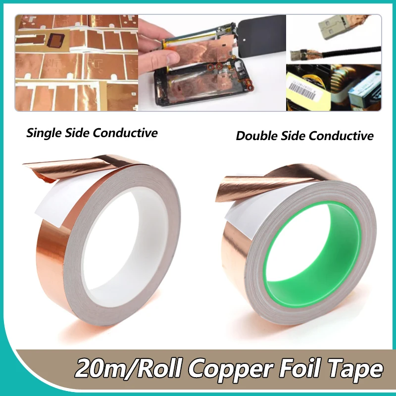 

20m Copper Foil Tape Width 5mm - 50mm Single/Double Side Conductive Shielding Snail Stain Glass Home Appliance DIY Copper Tape