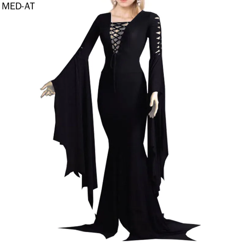 Medieval Vampire Witch Dress Morticia Addams Cosplay Costume Deep V Neck Lace Up Gown Halloween Ghost Costume S-5XL Hollow Out