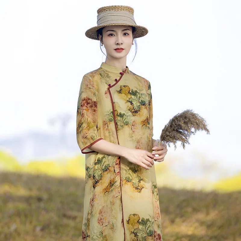 

Cotton and linen women's ramie dress cheongsam collar buckle printing split a-shaped skirt fashionable and casual versatile simp