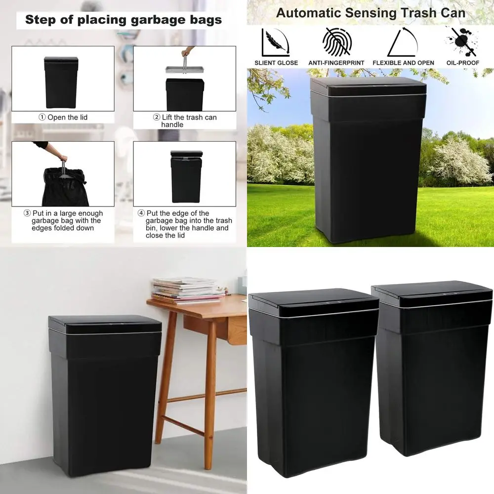 

Automatic 13 Gallon Plastic Trash Can with Lid - Ideal for Kitchen, Bathroom, and Home Office, Black (2-Pack)