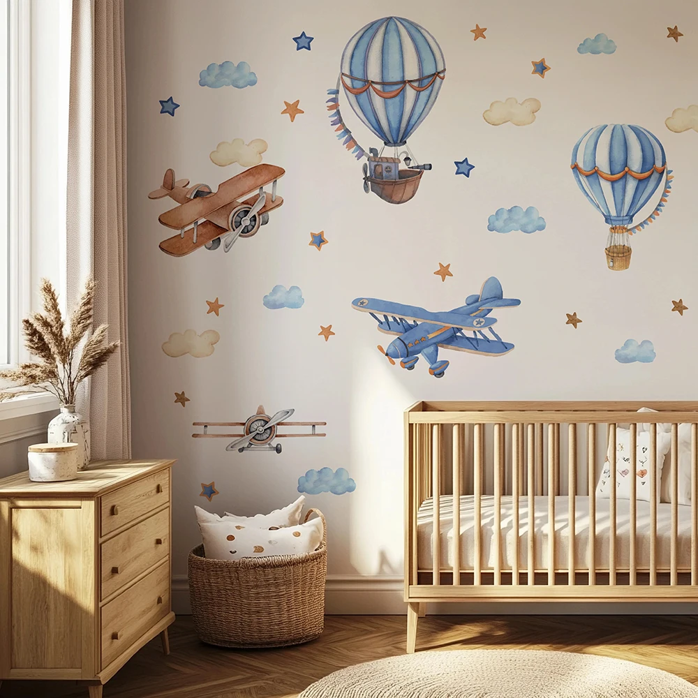 Cartoon Airplanes Hot Airballoon Wall Stickers Baby Nursery Kids Room Biplane Plane Cloud Wall Decals Bedroom Living Room Decor