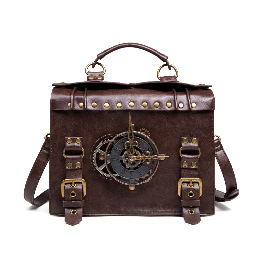 Women Punk Industrial Vintage Single Shoulder Crossbody Bag Rivet Chain Strap Retro Western Purse