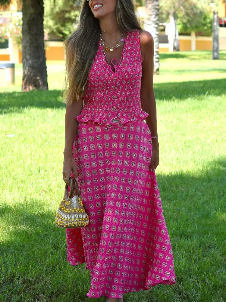 

HH женский комплект с юбкой с принтом, шикарный топ без рукавов с v-образным вырезом на шнуровке и украшением + модная плиссированная юбка-миди на молнии с высокой талией