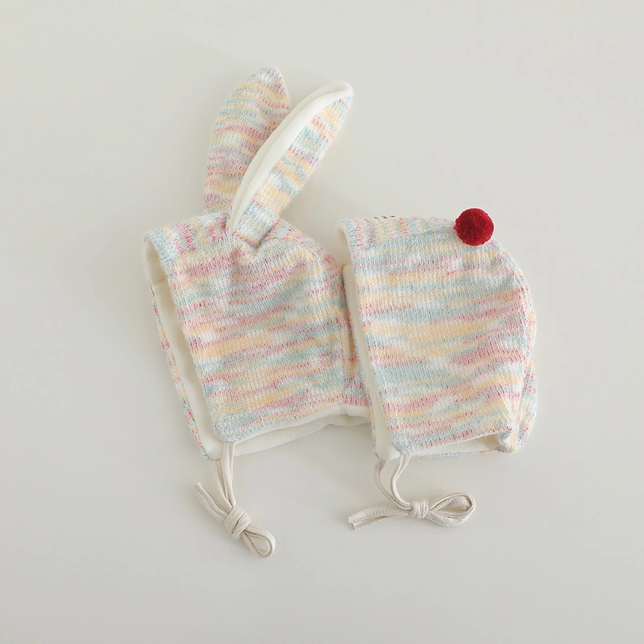

Red Plush Ball Lacing Ear Protection Cap Cute Long Ears Rabbit Headgear Bonnet Colorful Woolen Knit Hat Winter Warm Baby Beanies
