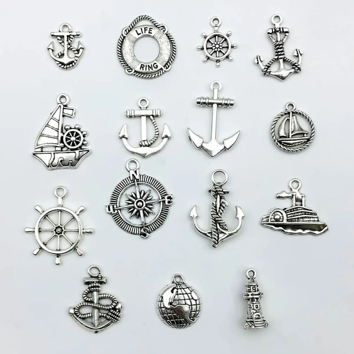 15Pcs Antique Silvery Anchor Rudder Boat Charms Compass Navigation Pendants For DIY Bracelet Supplies Jewelry Making Accessories