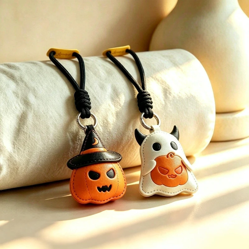 Pumpkin Ghost Pendant Keychain Cartoon Bag Charm Pu Key Chain Compact Holiday Keyrings For Bags Halloween Parties Holiday Trips