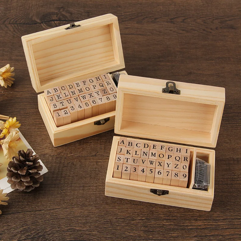 

36 Pieces/Box Retro Literary Wooden Seal Set (Send Ink) English Alphanumeric Pattern High-Quality Wooden Gift Box Set