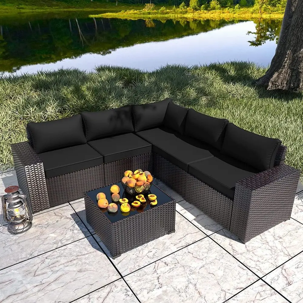 

Всепогодный уличный секционный комплект мебели для патио из 6 предметов, искусственный ротанг, кофейный столик, 5 подушек, черный