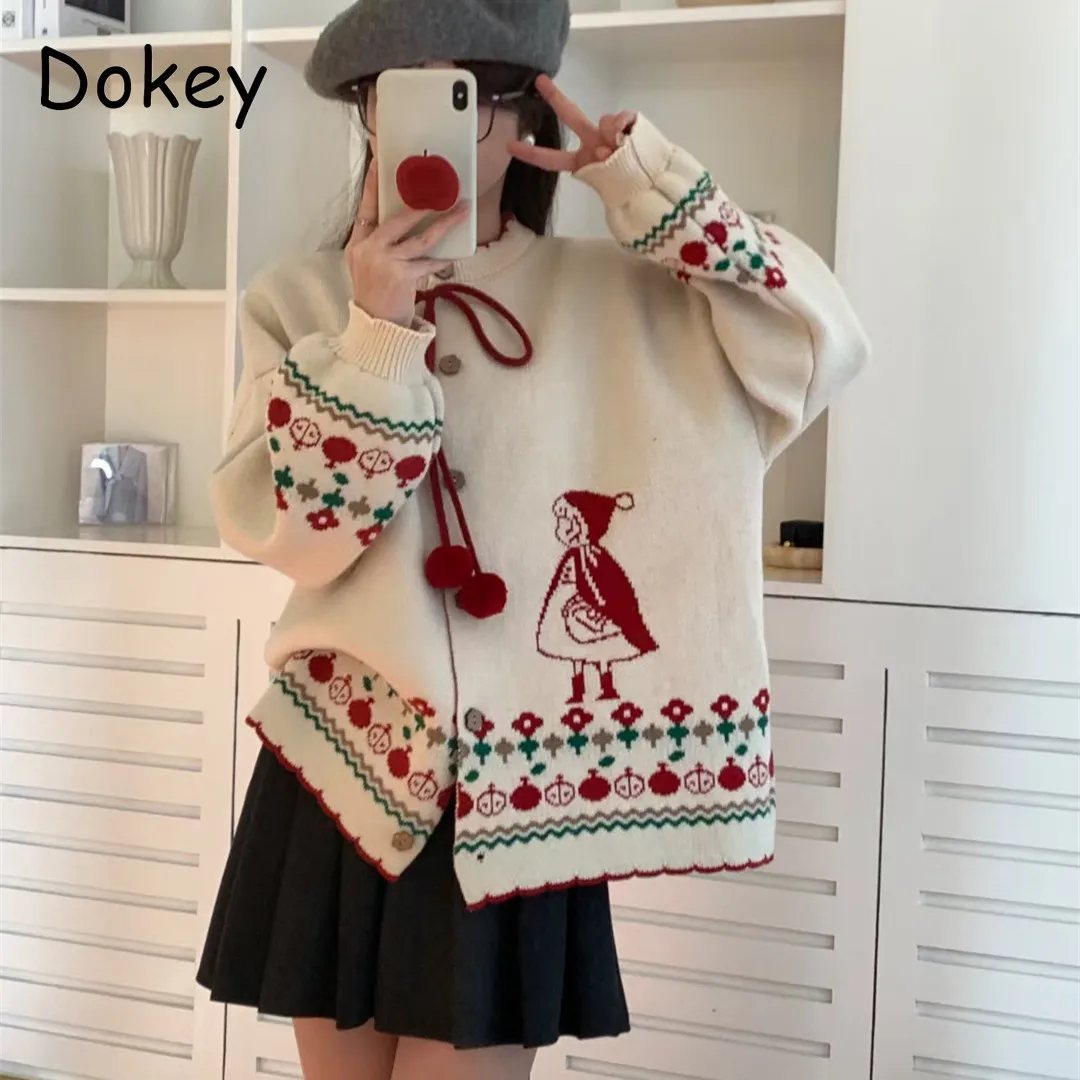 Vintage Lace-up Cartoon Cardigan for Women, Kawaii,Japanese Preppy Style, Girl JK Uniform,Sweater Coat,Cute Lolita,Kintted Cloak