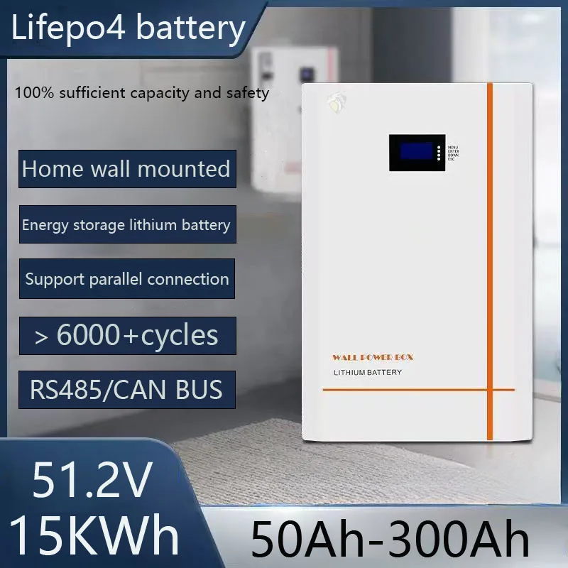 

Настенный аккумулятор Lifepo4 51,2 15 кВтч, 48 В, 50 Ач-300 Ач, 6000 циклов для 3 кВт, 5 кВт, 7 кВт, фотоэлектрическая бытовая базовая станция