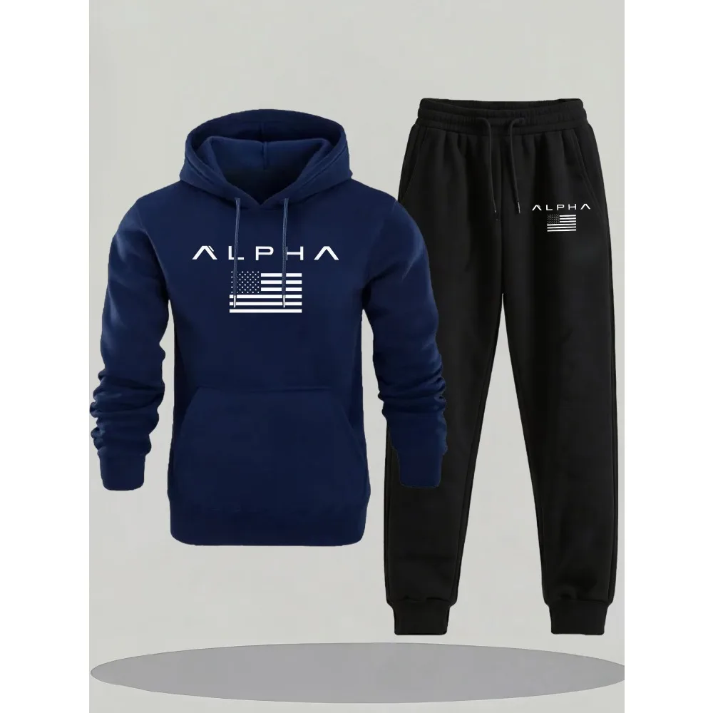 بدلة على الموضة للرجال لخريف وشتاء 2025، سويت شيرت بقلنسوة مريح ومطبوع للرجال مع جيوب #1