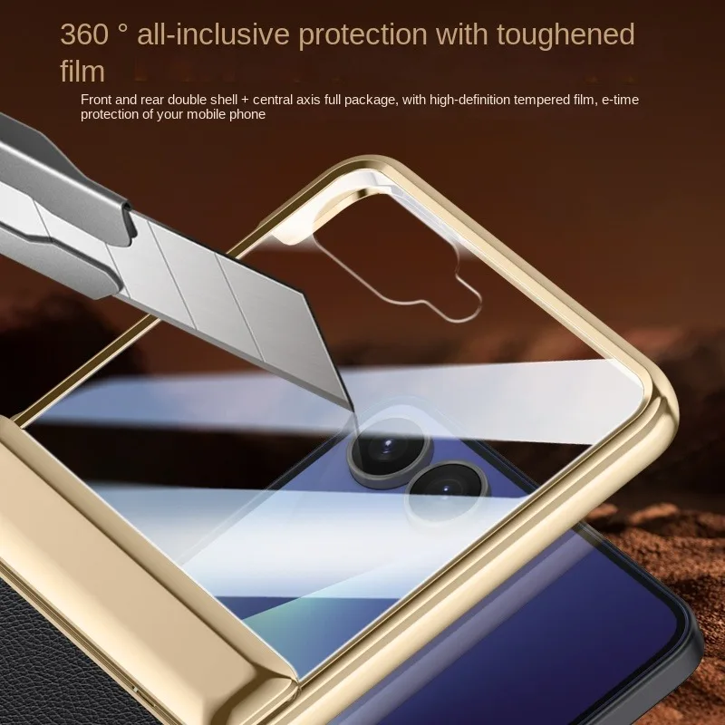 

For Samsung Galaxy Z Flip 7 Leather 360° Swivel Bracket Magnetic Tempered Glass Front Membrane Anti-Drop Fingerprint Phone Case