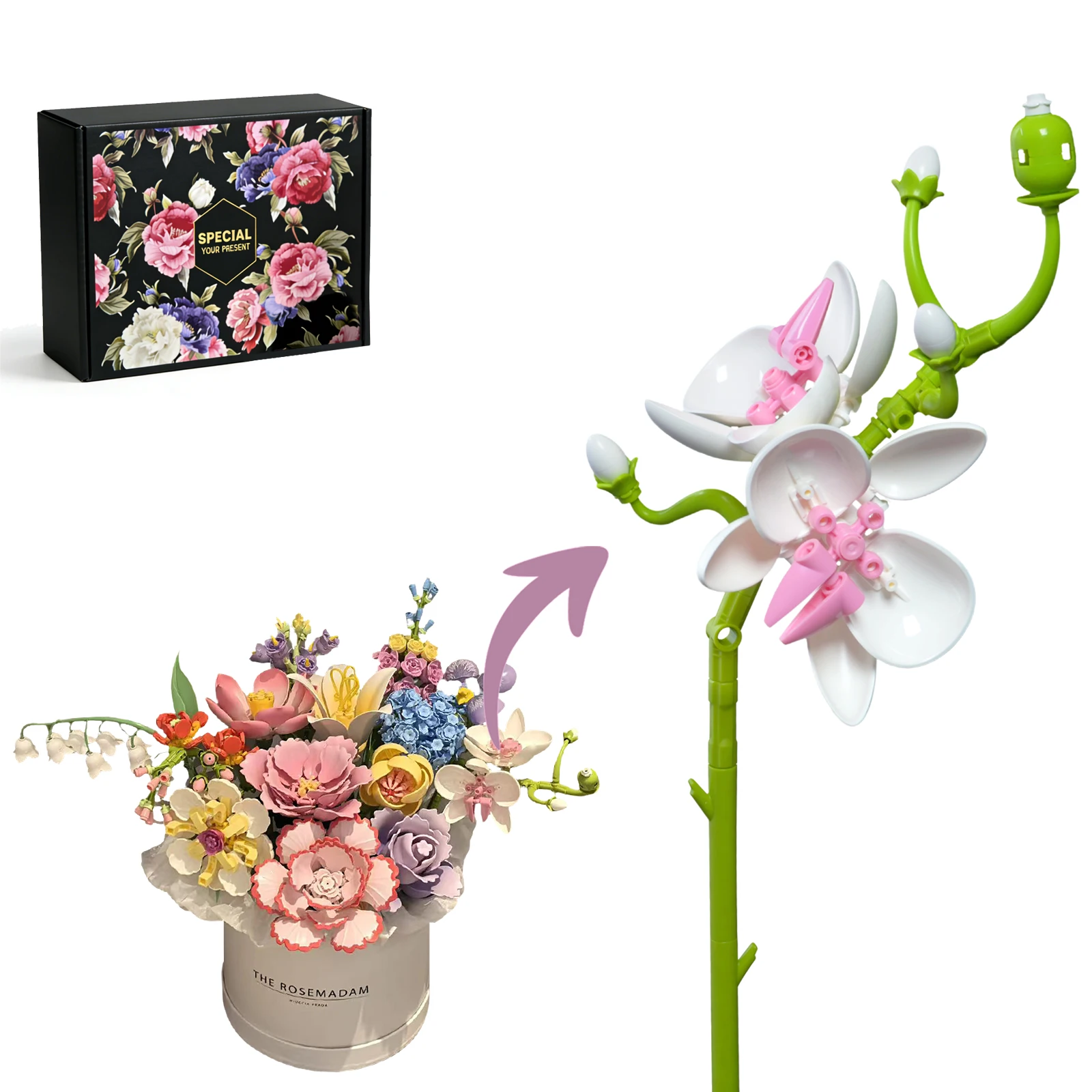 Phalaenopsis Blossoms Building Block Bouquet Flowers Featuring Gradient Petal Details Ideal for Tabletop Display Home Deco