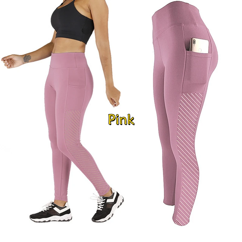 Fashion Women High Waist Mesh Splice Leggings with Pockets Skinny Pants Comfy Stretchy Trousers Breathable for Sport Yoga Fitnes