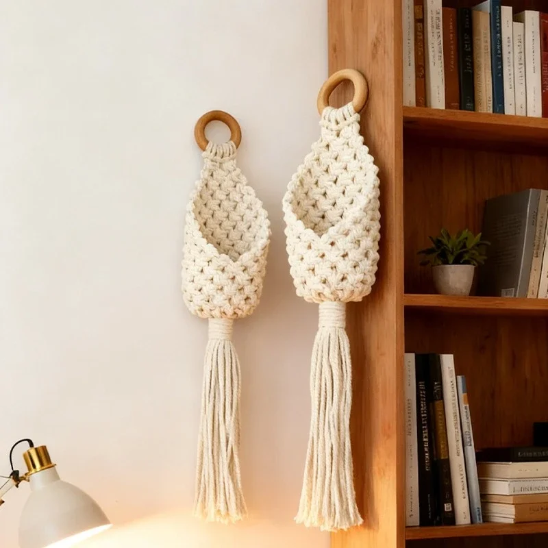 5pcs Flower Pot Storage Mesh Bag Wall Mounted Bird Nest Hanging Pouch Hand Woven Water Droplet Pocket Tapestry Flower Shop Decor