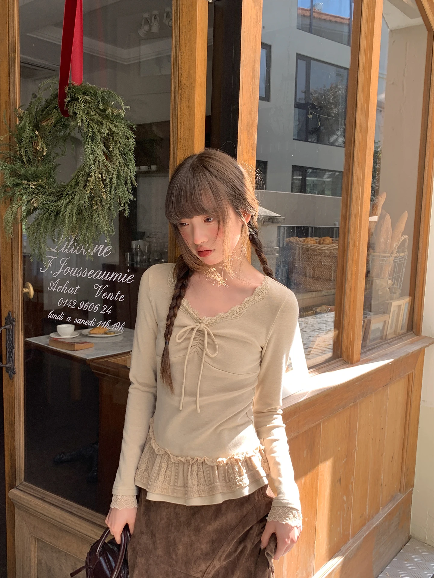 

Hello Lace Trim V-ne Splice Long Sve Women's T-irt Slim Fit Spring New Sle Korean Version Office Wear