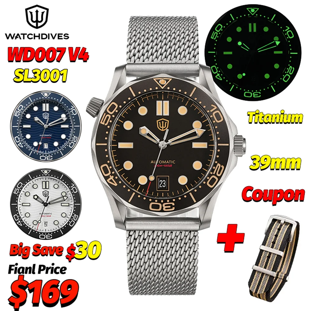 Watchdives Wd007 V4 39Mm NTTD Automatic Watch SL3001 Mechanical Titanium AR Sapphire 200M Dive Luminous Men Vintage Wristwatch
