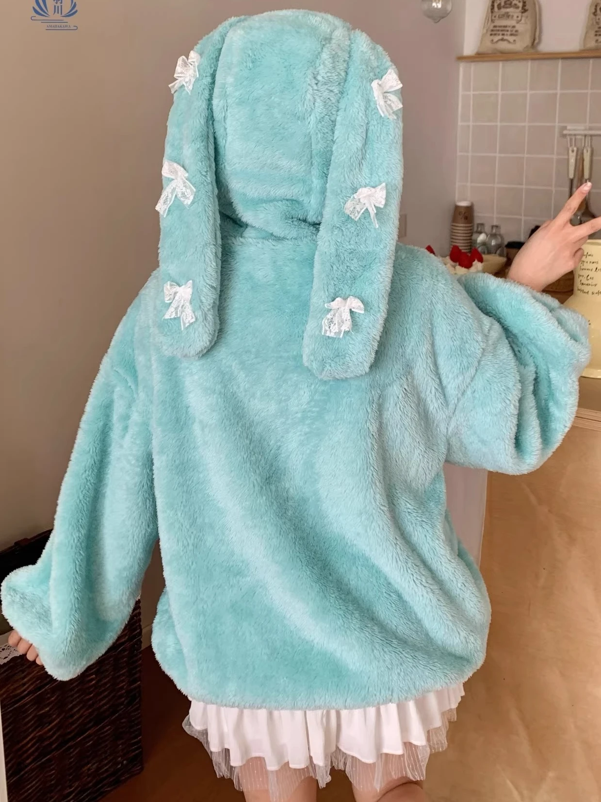 Mint Green Fleece Hoodie Rabbit Ear Plush Jacket Female Cute Autumn and Winter Hooded Thickened Warm Cotton-padded Coat