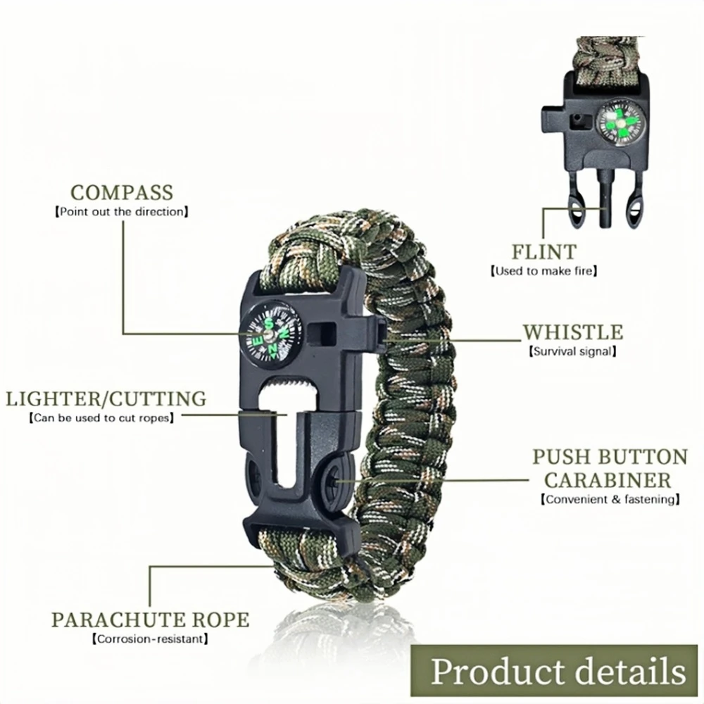 Outdoor Multi-function Survival Bracelet Emergency Rescue Bracelet with Compass Tactical Survival Tool Whistle Survival Bracelet