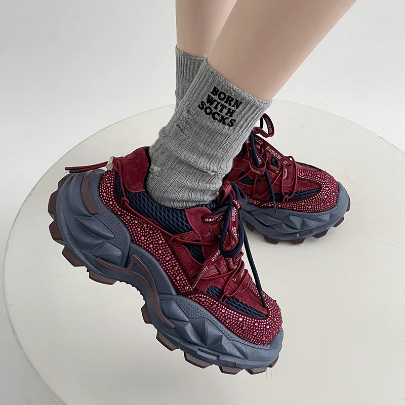 

Genuine Leather Luxury Shoes For women Fashion Platforms Designer Chunky Sneakers Tide Shine Bling Rhinestone Zapatos De Mujer
