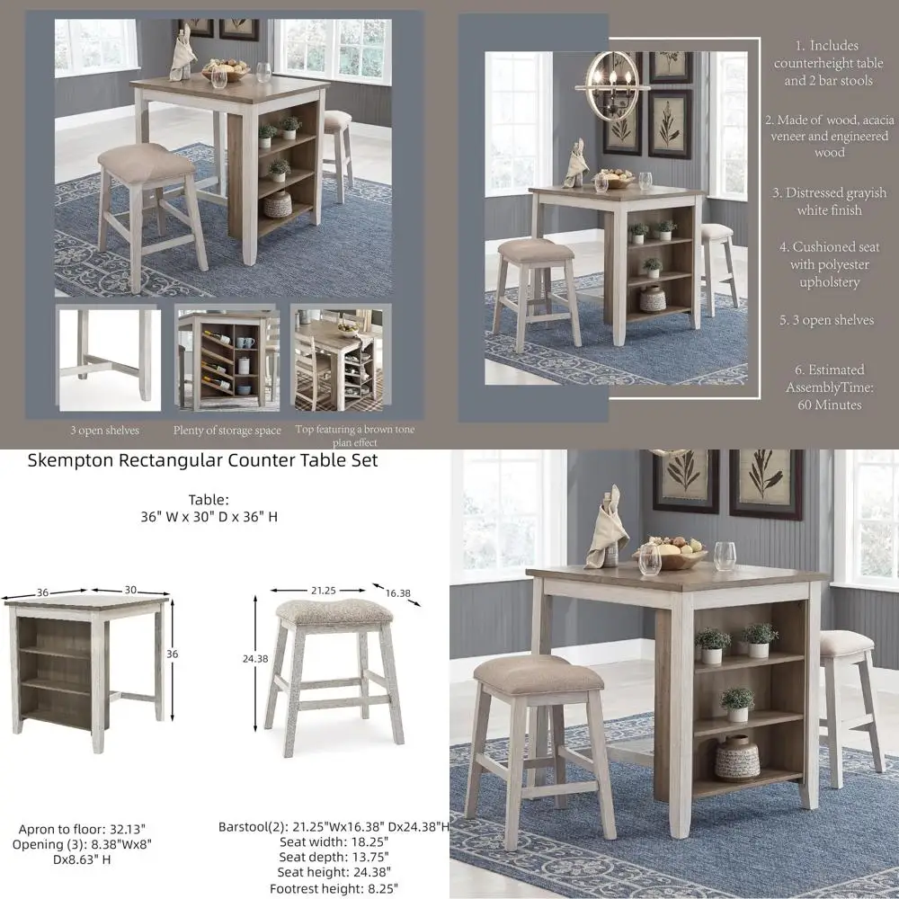 

3-Piece Counter Height Dining Set with Cushioned Barstools, Whitewashed Wood