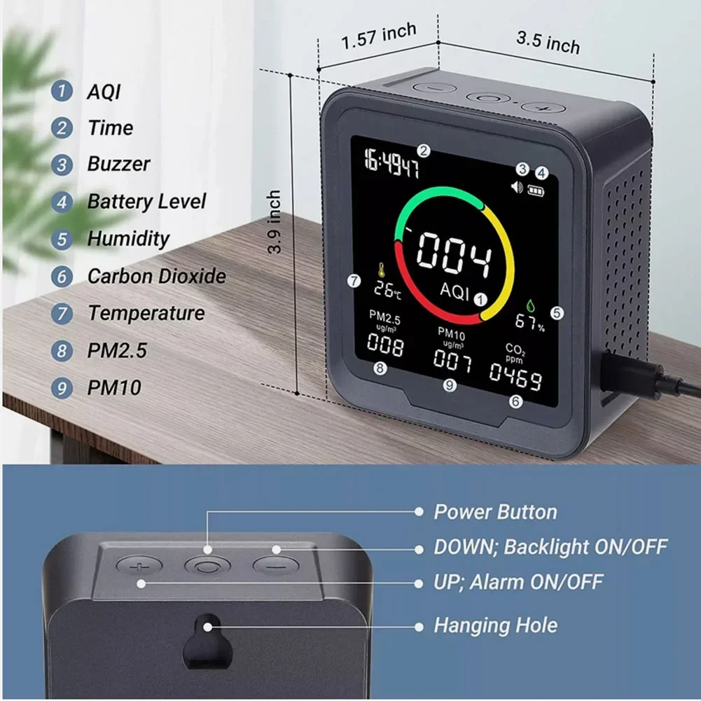 1pc 4.8 Inch Screen Air Quality Monitor With Temperature And Humidity Testing Home -10℃~40℃ Test Meters For PM2.5 PM10 AQI