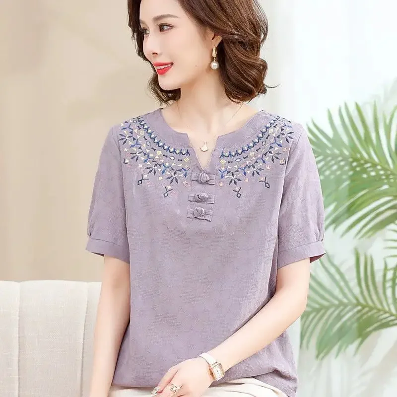 

Women Solid Button Cotton Linen Short Sleeve Tees Elegant Fashion Harajuku Slim Fit Female Clothes Loose Casual All Match Tops