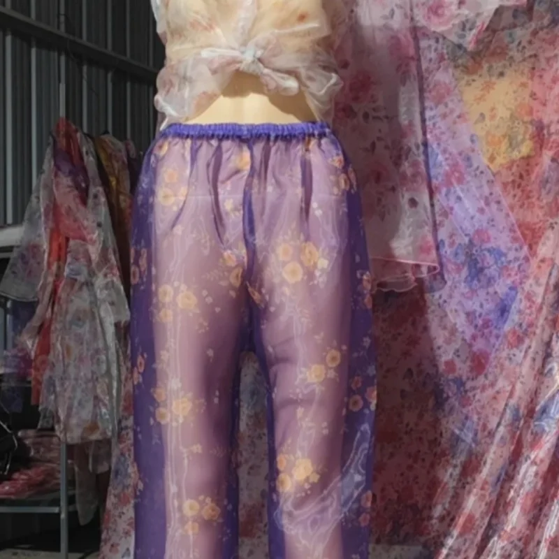 

Women Purple Floral Soft Silky Transparent Organza Pajamas Pants Plus Size Loose Trousers Sexy Men Erotic Ruffled Lantern Pants﻿
