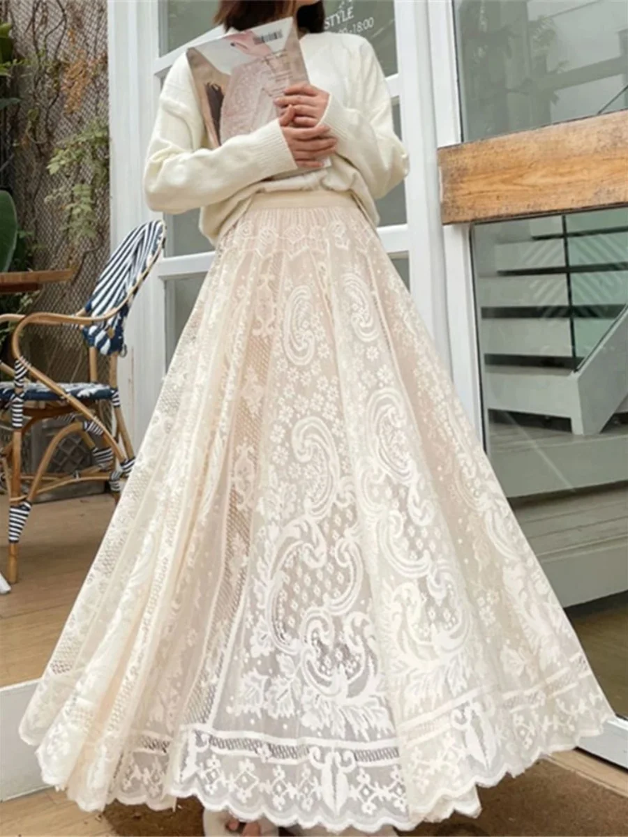 

Свободная кружевная юбка с высокой талией, длинная юбка трапециевидной формы, летняя коллекция, женская мода