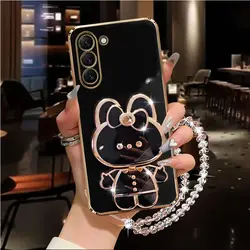 S 24 S 23 S 22 Diamond Strap Mirror Rabbit Phone Holder Case For Samsung Galaxy S24 S20 S21 S22 S23 Ultra Plus FE Stand Cover